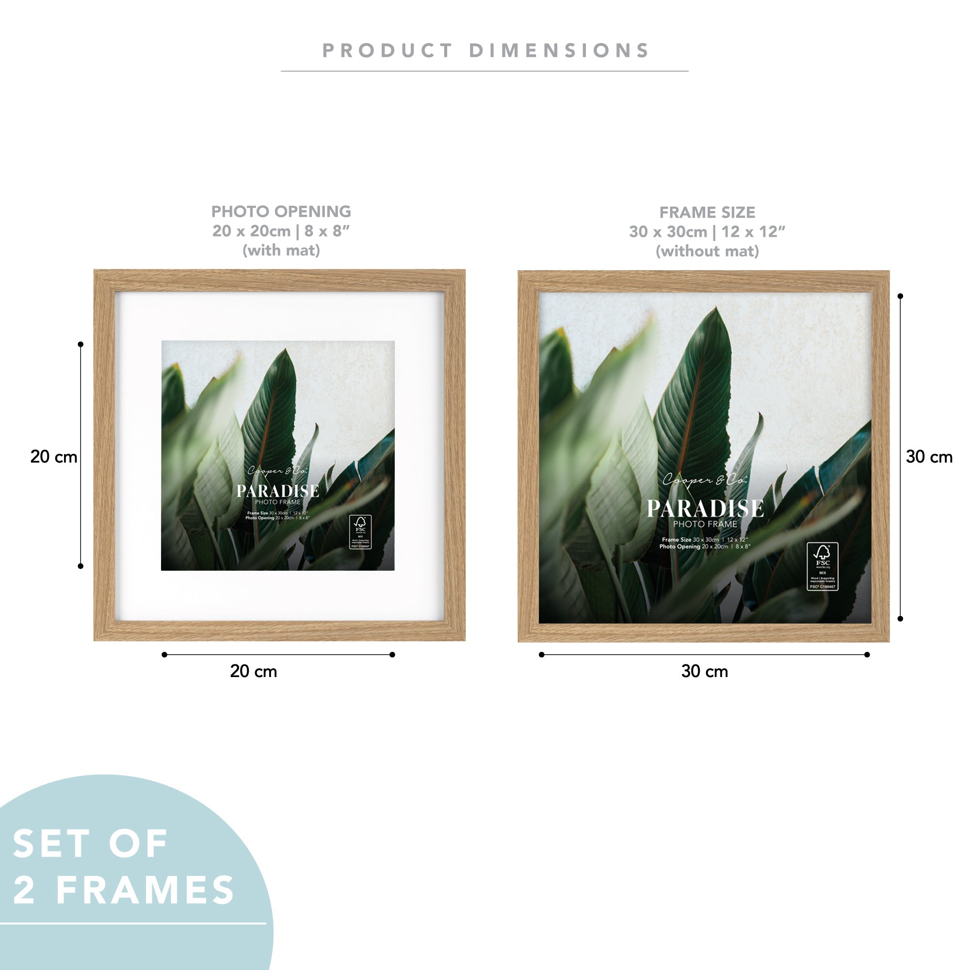 Set Of 2 30x30cm Mat to 20x20cm Premium Paradise Wooden Photo Frame